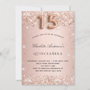 Quinceanera roos gouden blush glitterstof luxe kaart