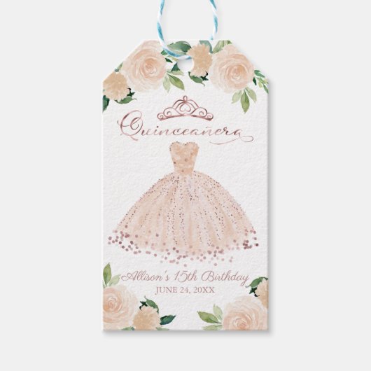 Quinceanera Roos Gouden Blush Gown Roze Bloemen Cadeaulabel (Voorkant)