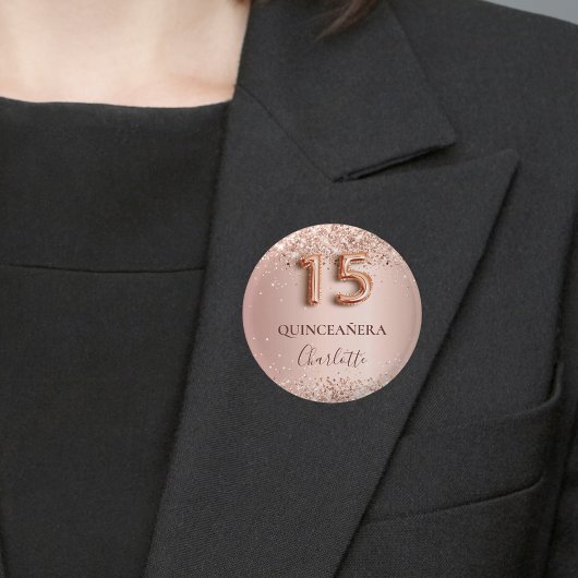 Quinceanera roos gouden blush naamplaatje ronde button 3,2 cm