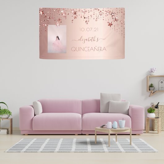 Quinceanera roos gouden blush sterren foto spandoek