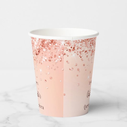 Quinceanera roos gouden confetti naam papieren bekers (Rechts)