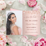 Quinceanera roos gouden foto save the date<br><div class="desc">Een moderne en elegante Save the Date voor een Quinceañera. Roos gouden gradiënt achtergrond,  versierd met roos gouden confetti. Personaliseer en voeg een foto,  datum en naam toe. De tekst: Save the Date is geschreven met een trendy handgeschreven stijlscript met swashes.</div>