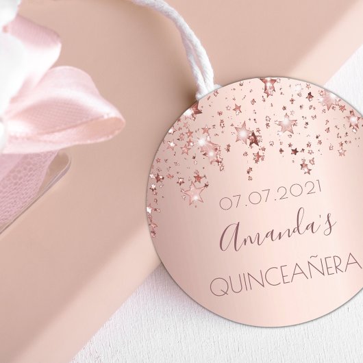 Quinceanera roos gouden glanzende sterren ronde sticker