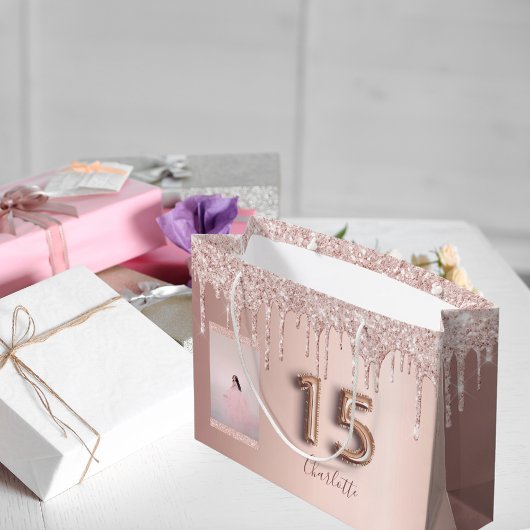 Quinceanera roos gouden glitter foto monogram groot cadeauzakje