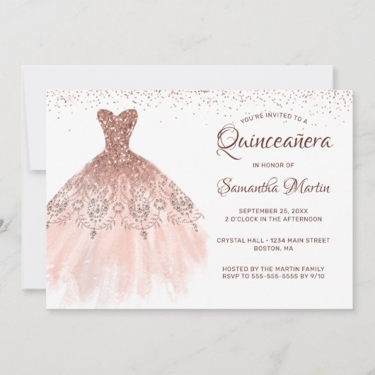 Quinceanera Roos Gouden Glitter Jurk Glam Party Kaart (Voorkant)