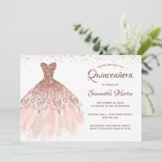Quinceanera Roos Gouden Glitter Jurk Glam Party Kaart (Staand voorkant)