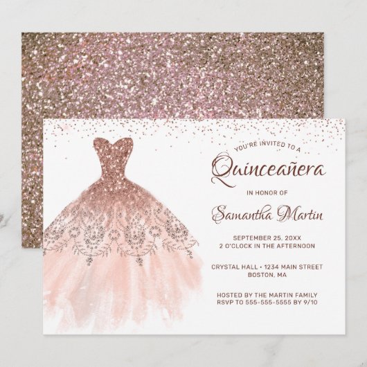 Quinceanera Roos Gouden Glitter Jurk Glam Party Kaart (Voorkant / Achterkant)