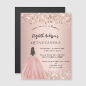 Quinceanera roos gouden glitter jurk luxe magnetische uitnodiging (Voorkant / Achterkant)