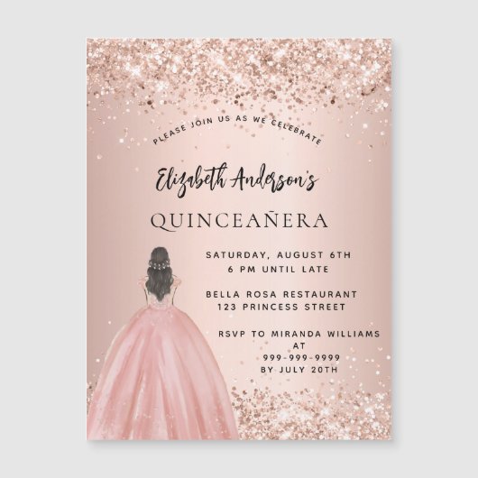 Quinceanera roos gouden glitter jurk luxe magnetische uitnodiging (Voorkant)