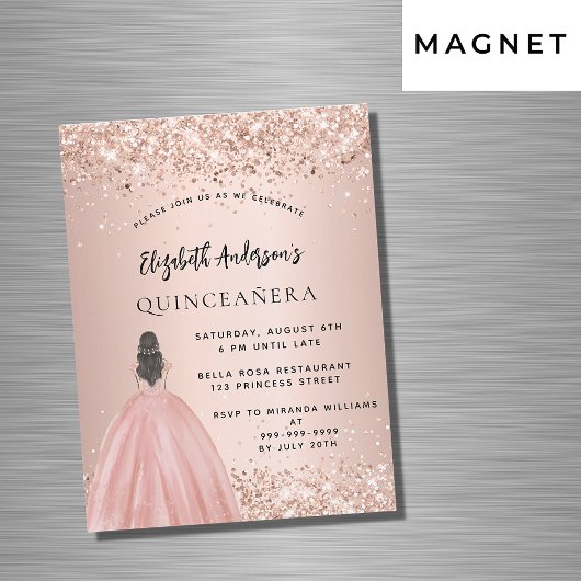 Quinceanera roos gouden glitter jurk luxe magnetische uitnodiging