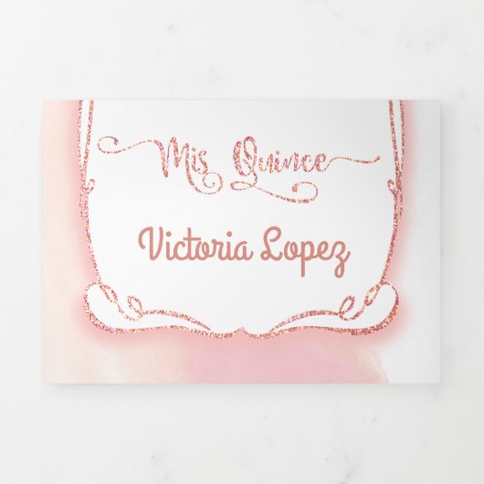 Quinceanera Roos Gouden Glitter Mexicaanse Fiesta Drieluik Uitnodiging (Cover)