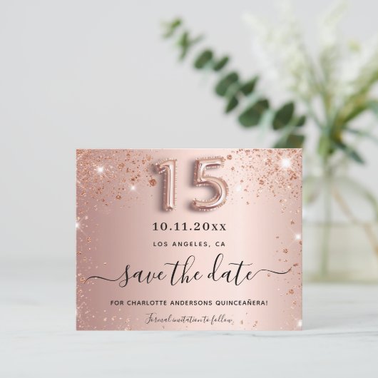 Quinceanera roos gouden glitter save the date kaar (Staand voorkant)