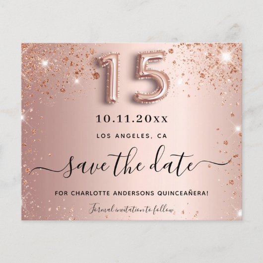 Quinceanera roos gouden glitter save the date kaar (Voorkant)