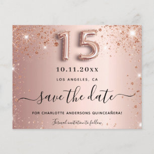 Quinceanera roos gouden glitter save the date kaar