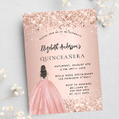 Quinceanera roos gouden glitterjurk uitnodiging briefkaart