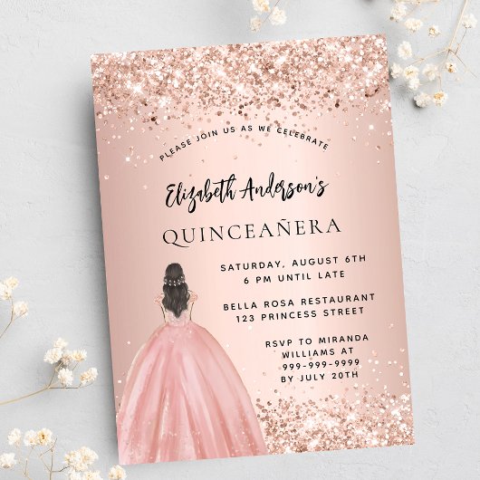 Quinceanera roos gouden glitterjurk uitnodiging briefkaart