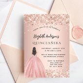 Quinceanera roos gouden glitterjurk uitnodiging briefkaart
