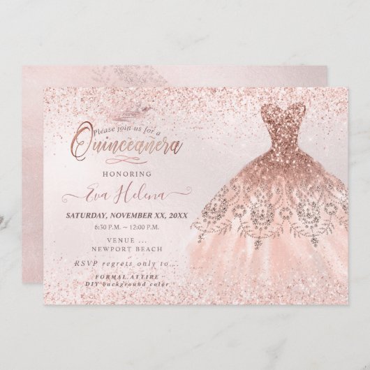 Quinceañera, Roos Gouden Glitters Jurk Kaart (Voorkant / Achterkant)