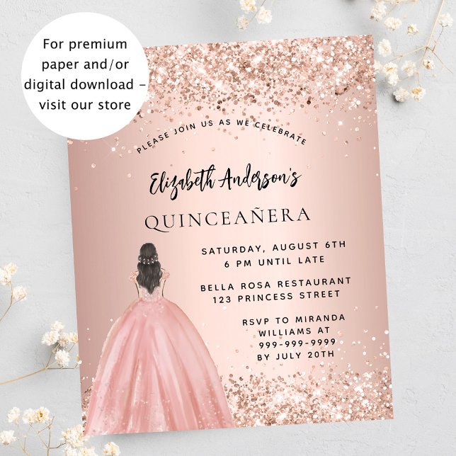 Quinceanera roos gouden jurk budget uitnodiging (Creator heeft geüpload)