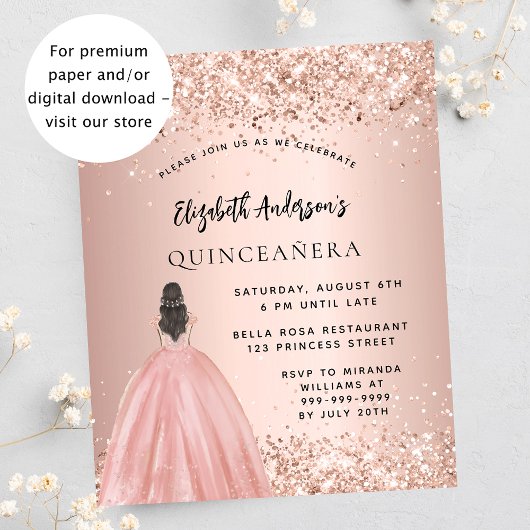 Quinceanera roos gouden jurk budget uitnodiging flyer