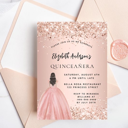 Quinceanera roos gouden jurk kaart