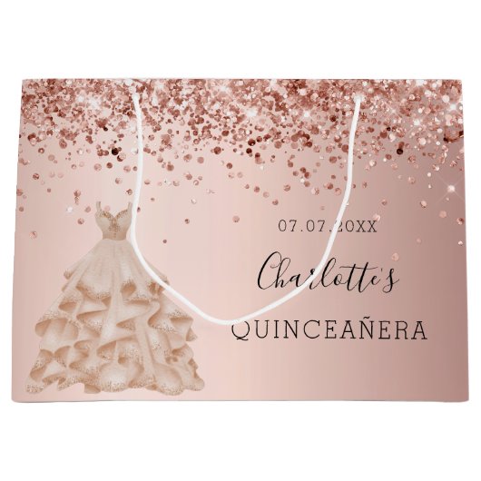 Quinceanera roos gouden jurk naam groot cadeauzakje (Voorkant)