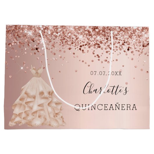 Quinceanera roos gouden jurk naam groot cadeauzakje (Achterkant)