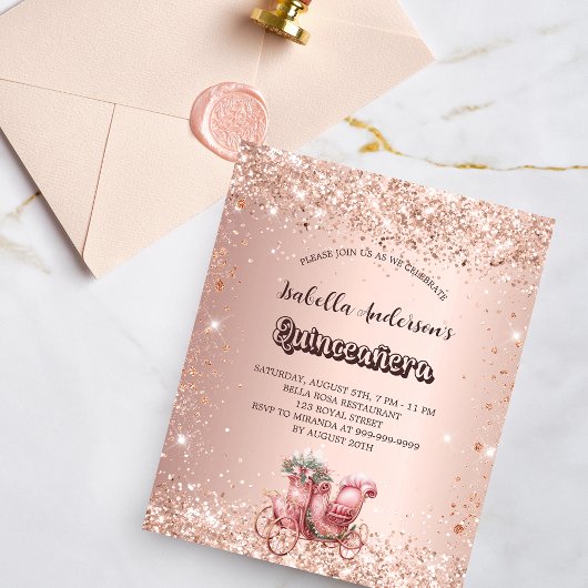 Quinceanera roos gouden koerier budget uitnodiging flyer