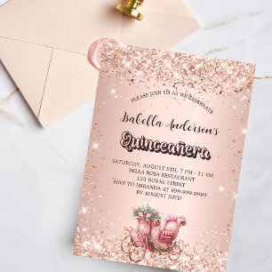Quinceanera roos gouden koets elegant kaart