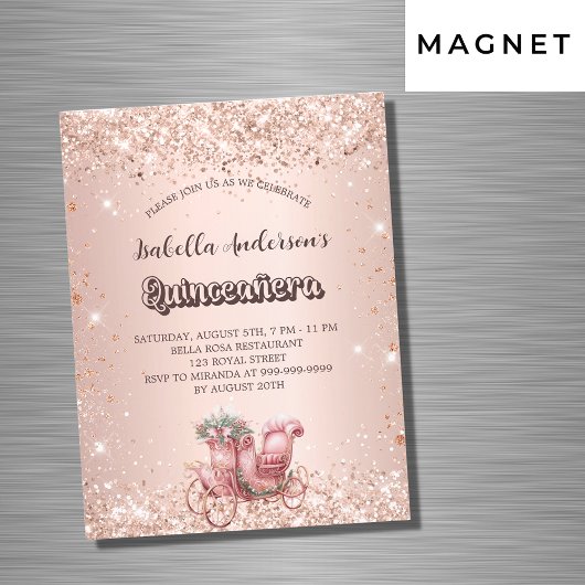 Quinceanera roos gouden koets luxe magnetische uitnodiging