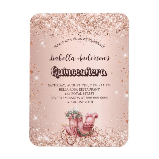 Quinceanera roos gouden koets luxe uitnodiging magneet (Verticaal)