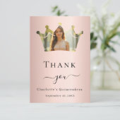 Quinceanera roos gouden kroon foto bedankkaart (Staand voorkant)