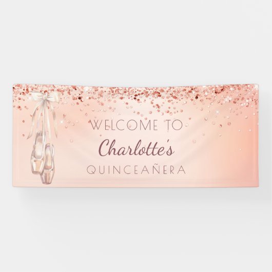 Quinceanera roos gouden roze ballerina schoenen we spandoek (Horizontaal)