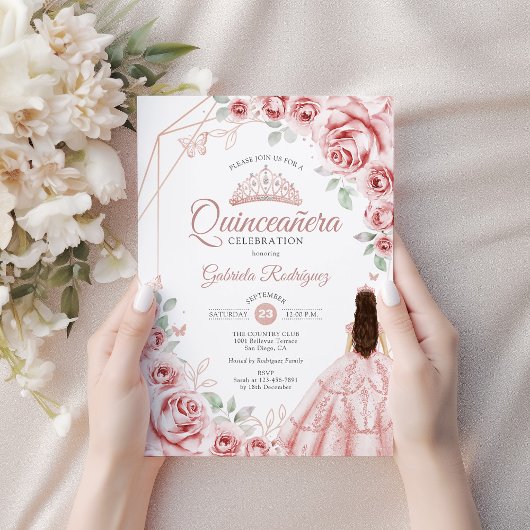 Quinceanera Roos Gouden Roze Bloemen Jurk Kaart