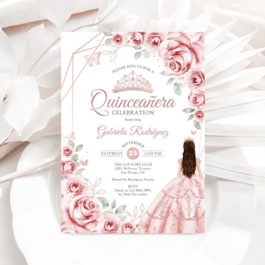 Quinceanera Roos Gouden Roze Bloemen Jurk Kaart