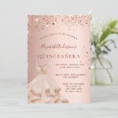 Quinceanera roos gouden roze mousserende jurk kaart (Staand voorkant)