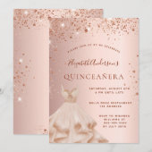 Quinceanera roos gouden roze mousserende jurk kaart (Voorkant / Achterkant)