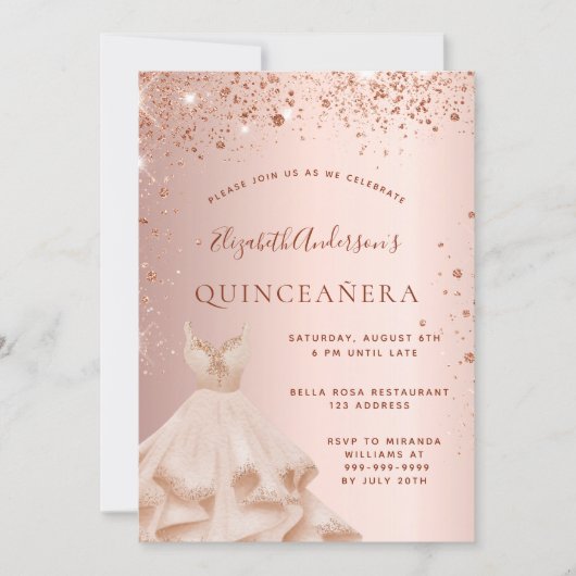 Quinceanera roos gouden roze mousserende jurk kaart (Voorkant)