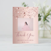 Quinceanera roos gouden roze sterren bedankkaart (Staand voorkant)