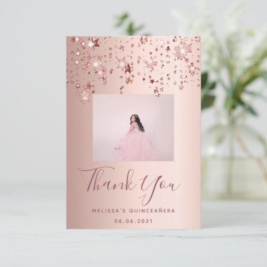 Quinceanera roos gouden roze sterren bedankkaart (Staand voorkant)