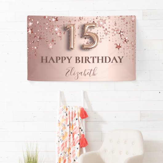 Quinceanera roos gouden roze sterren welkom spandoek (Insitu)