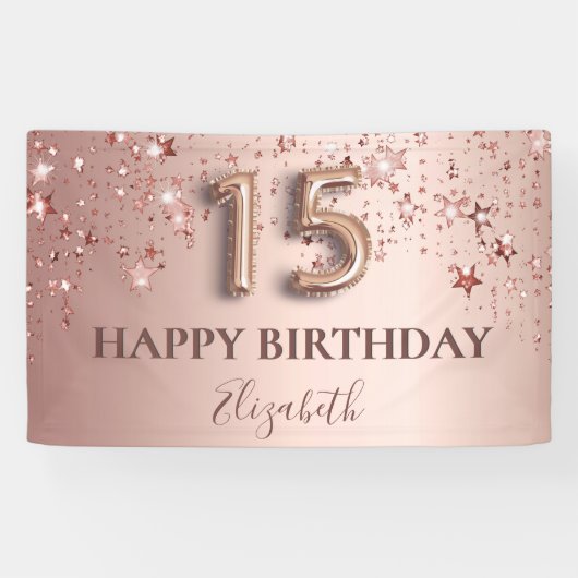 Quinceanera roos gouden roze sterren welkom spandoek (Horizontaal)