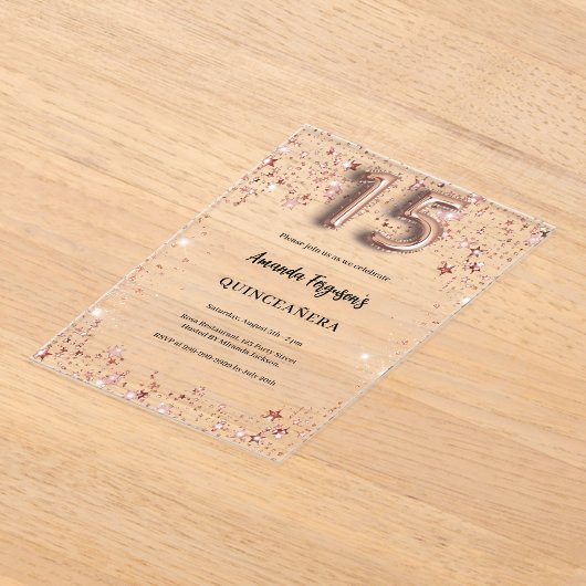 Quinceanera roos gouden sterren Clear Party Acryl Uitnodigingen (Laagn)