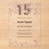 Quinceanera roos gouden sterren Clear Party Acryl Uitnodigingen (Voorkant)