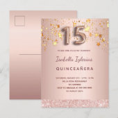 Quinceanera roos gouden sterren roze ballonschrift briefkaart (Voorkant / Achterkant)