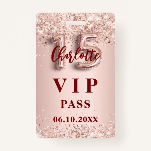 Quinceanera roos gouden vip party pass badge (Voorkant)