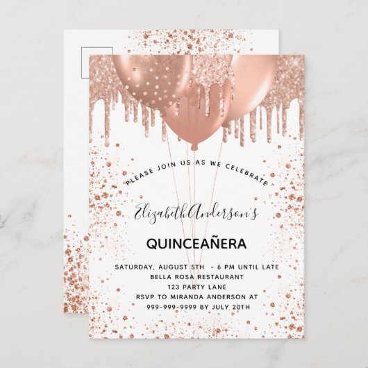 Quinceanera roos gouden witte ballonnen uitnodiging briefkaart (Voorkant / Achterkant)
