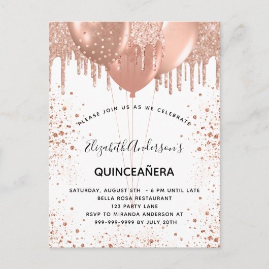 Quinceanera roos gouden witte ballonnen uitnodiging briefkaart (Voorkant)