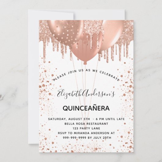 Quinceanera roos gouden witte glitterballonnen kaart (Voorkant)