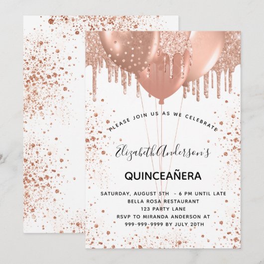 Quinceanera roos gouden witte glitterballonnen kaart (Voorkant / Achterkant)